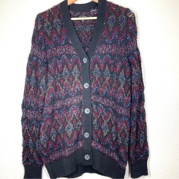 Lucky Brand Button Up Chunky Knit Cardigan Sweater M Fair Isle Black Metallic - Picture 7 of 16